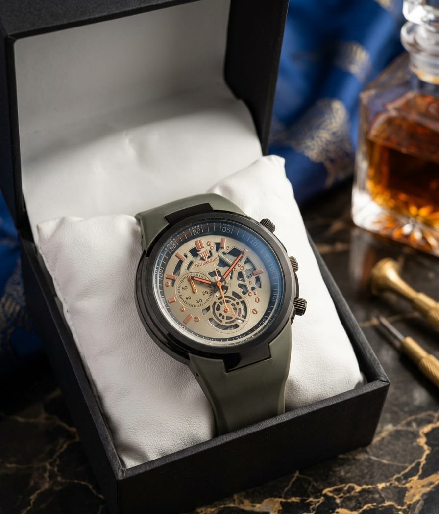 A&Z WATCH Stylish Men's Skeleton Chronograph Sports Watch with Olive Green Silicone Strap