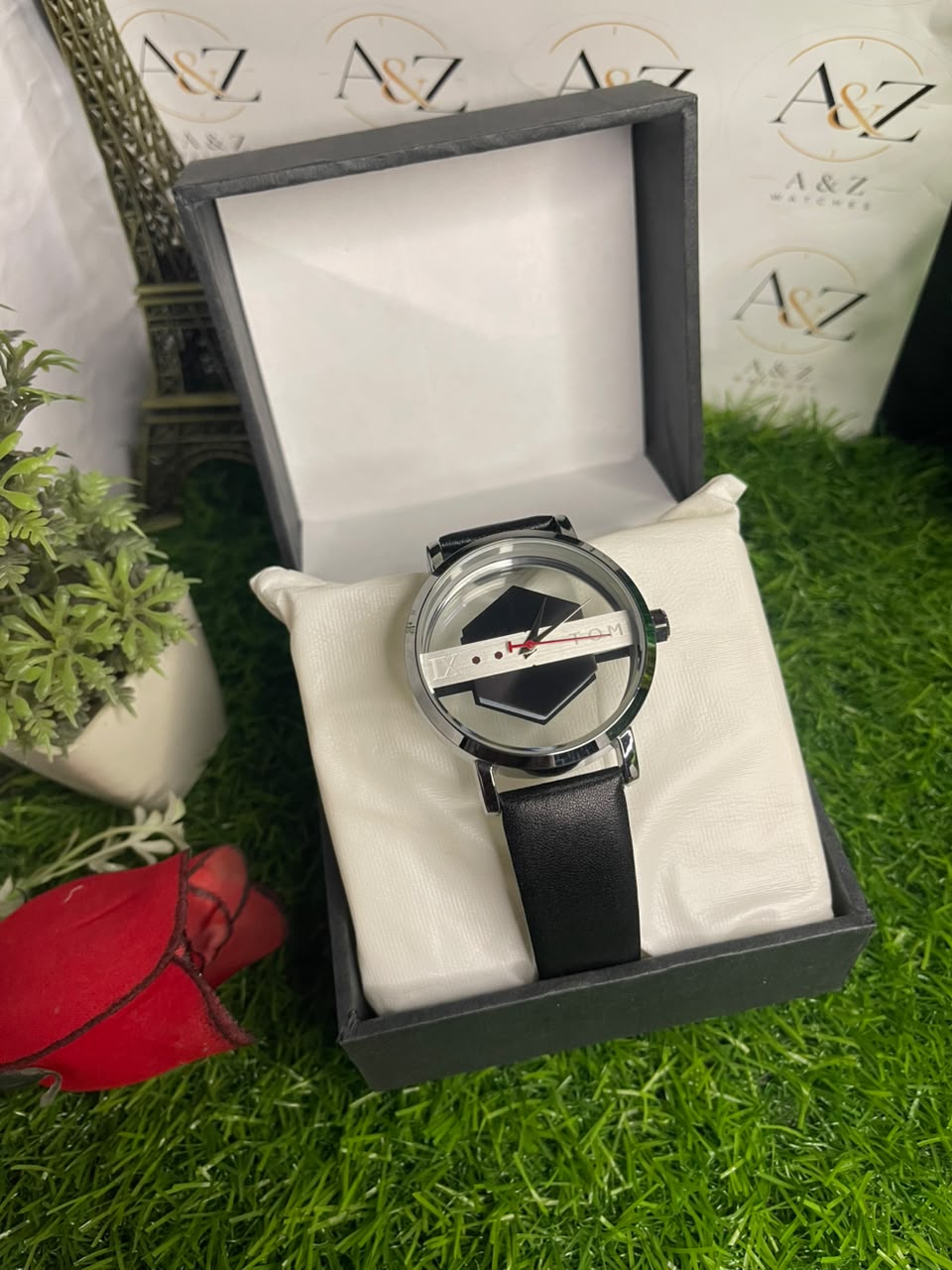 A&Z Exclusive Modern Geometric Watch for Men – Black & Silver Transparent Dial