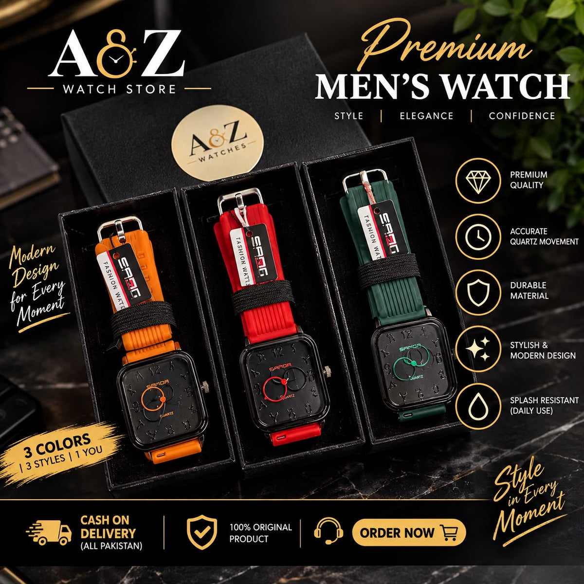 A&Z Premium Men’s Fashion Watch – 3 Color Stylish Watch