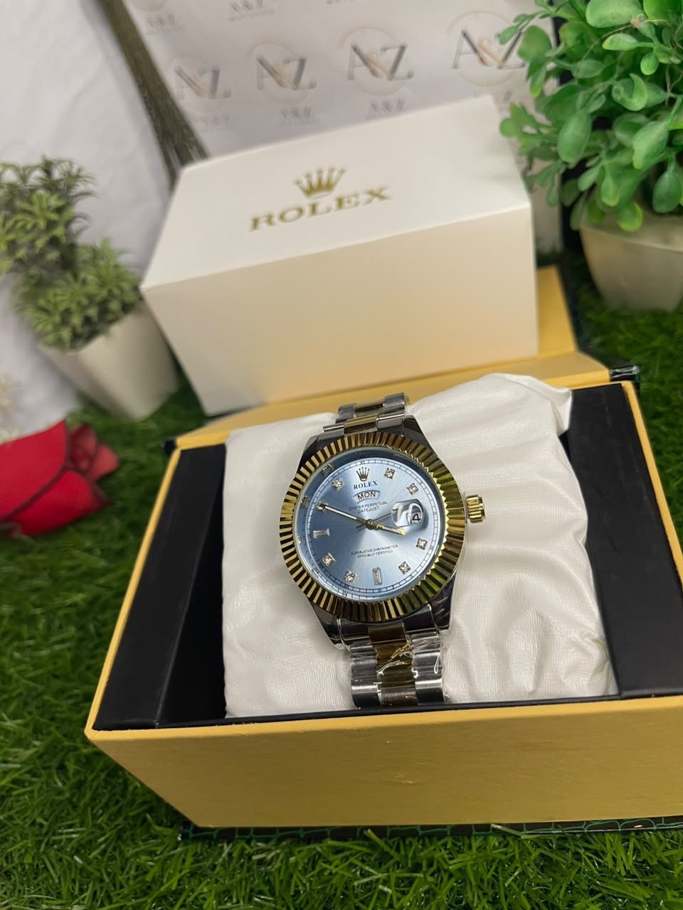 ROLEX Luxury Blue Dial Men’s Watch – Gold & Silver Premium Design | A&Z Watch Store