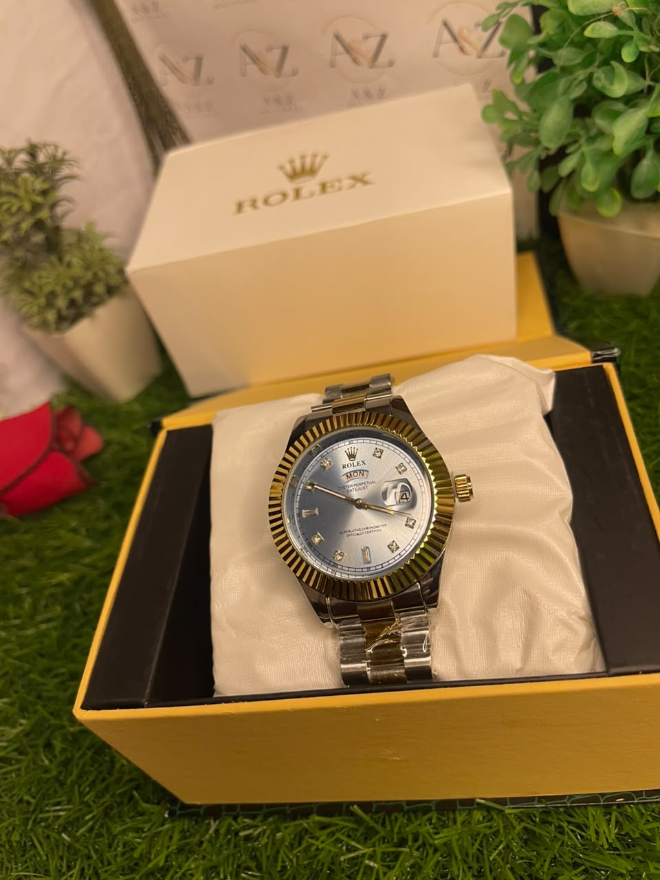 ROLEX Luxury Blue Dial Men’s Watch – Gold & Silver Premium Design | A&Z Watch Store