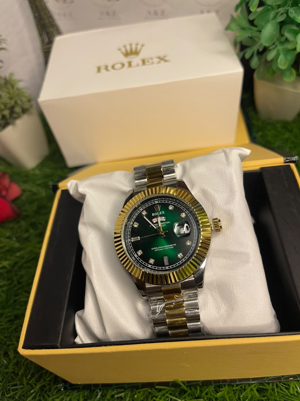 ROLEX Green Dial Men’s Watch – Gold & Silver Luxury Quartz