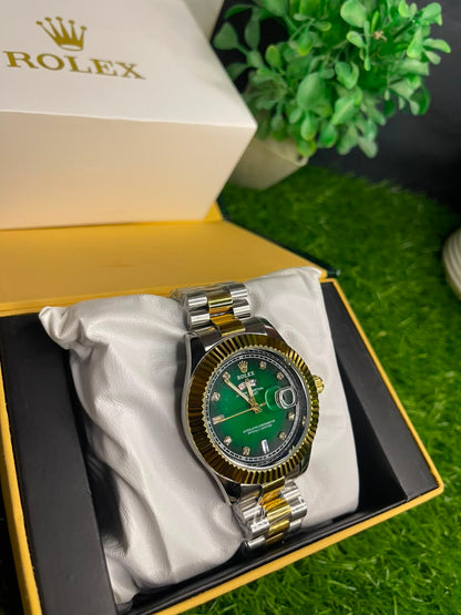 ROLEX Green Dial Men’s Watch – Gold & Silver Luxury Quartz