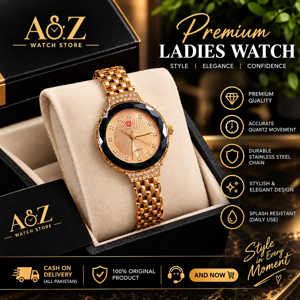 A&Z Premium Gold Ladies Watch – Elegant Luxury Quartz Watch