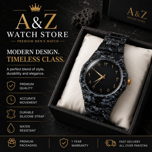 A&Z WATCH Luxury Black Marble Finish Arabic Dial Unisex Wrist Watch