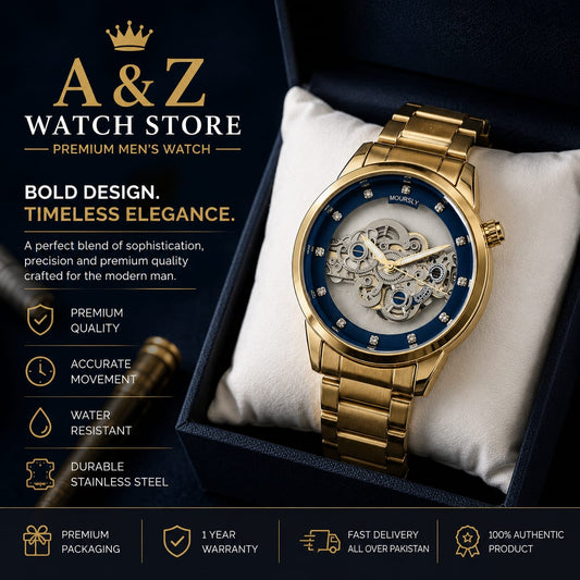 A&Z WATCH Luxury MOURSLY Skeleton Dial Men's Gold Stainless Steel Watch