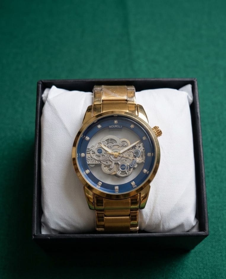 A&Z WATCH Luxury MOURSLY Skeleton Dial Men's Gold Stainless Steel Watch