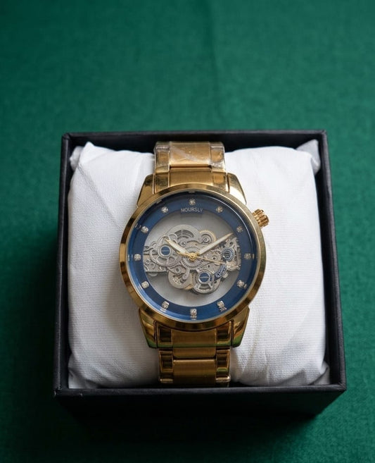 A&Z WATCH Luxury MOURSLY Skeleton Dial Men's Gold Stainless Steel Watch