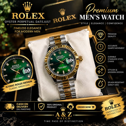 ROLEX Green Dial Men’s Watch – Gold & Silver Luxury Quartz