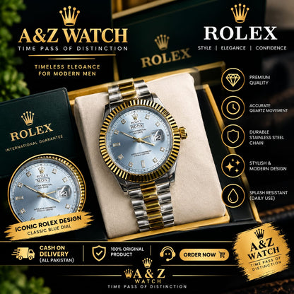 ROLEX Luxury Blue Dial Men’s Watch – Gold & Silver Premium Design | A&Z Watch Store